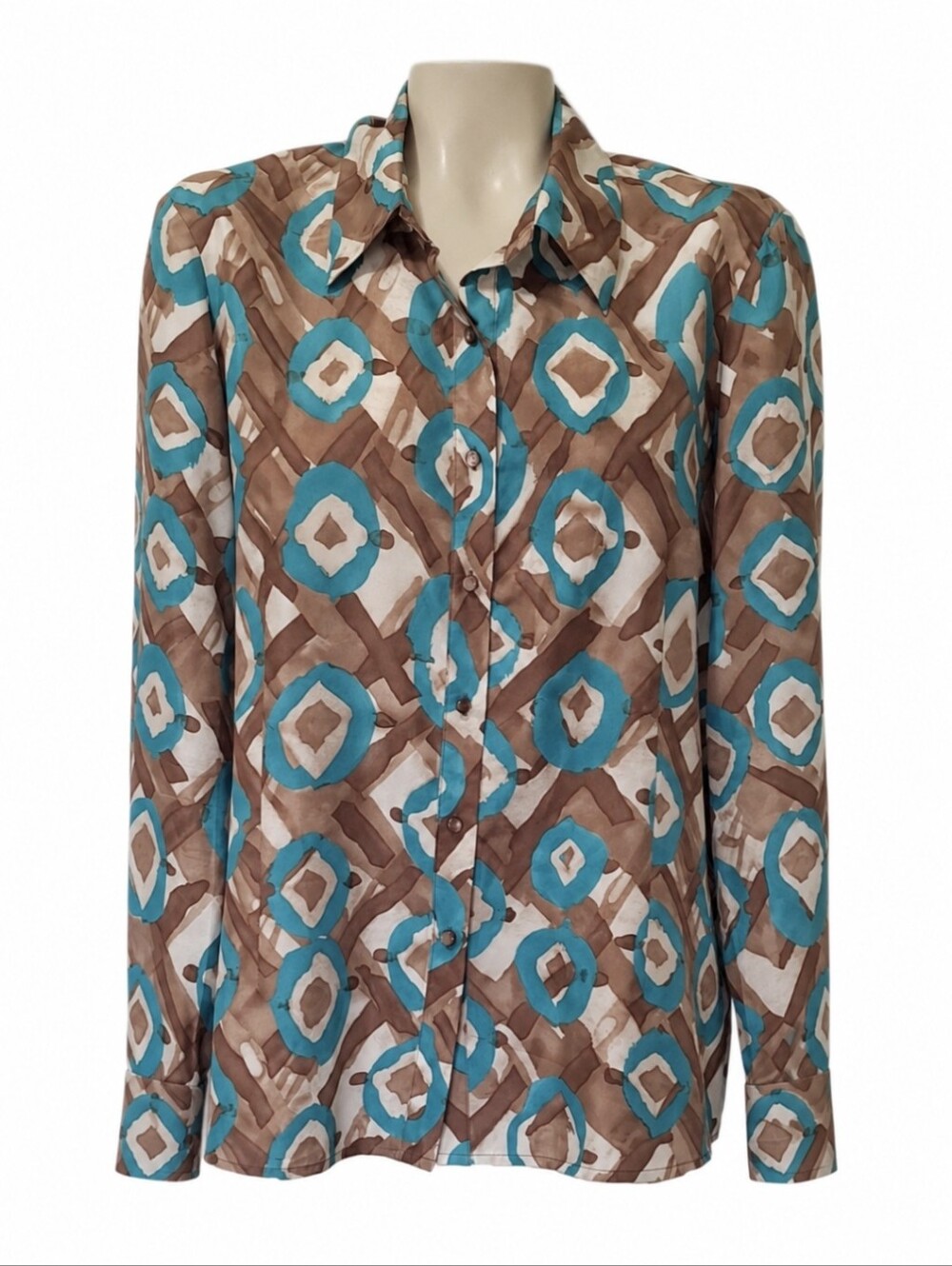 Vintage Oscar de la Renta 100% Silk Geometric Print Button Front Blouse Size 16